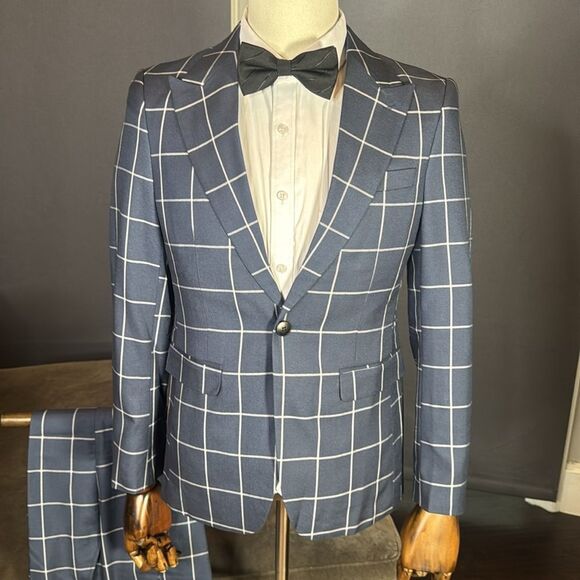Men’s Blue Check Plaid 3 Piece Suit One Button Peak Lapel 30 Jacket 29 Pants NEW - Picture 2 of 16
